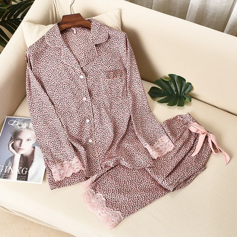 Luxury brand fashion Leopard Print Women Pajama Set Ice Silk Soft Touch Long Sleeve Suit Pyjamas nightwear