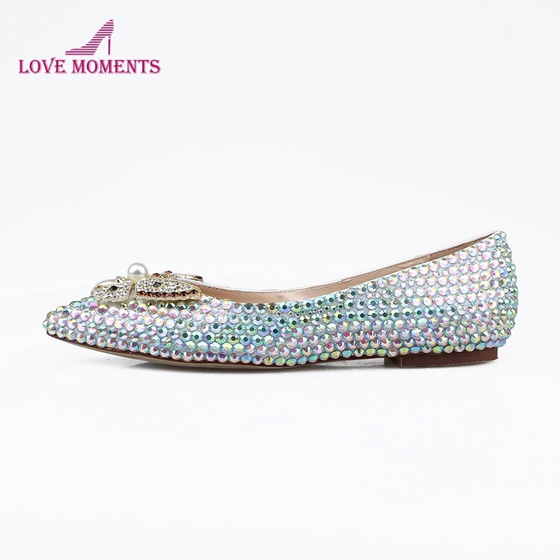 

Gorgeous Wedding Bridal Shoes Princess Banquet Flat Heel Silver AB Crystal Cinderella Prom Flats Pointed Toe Women Shoes