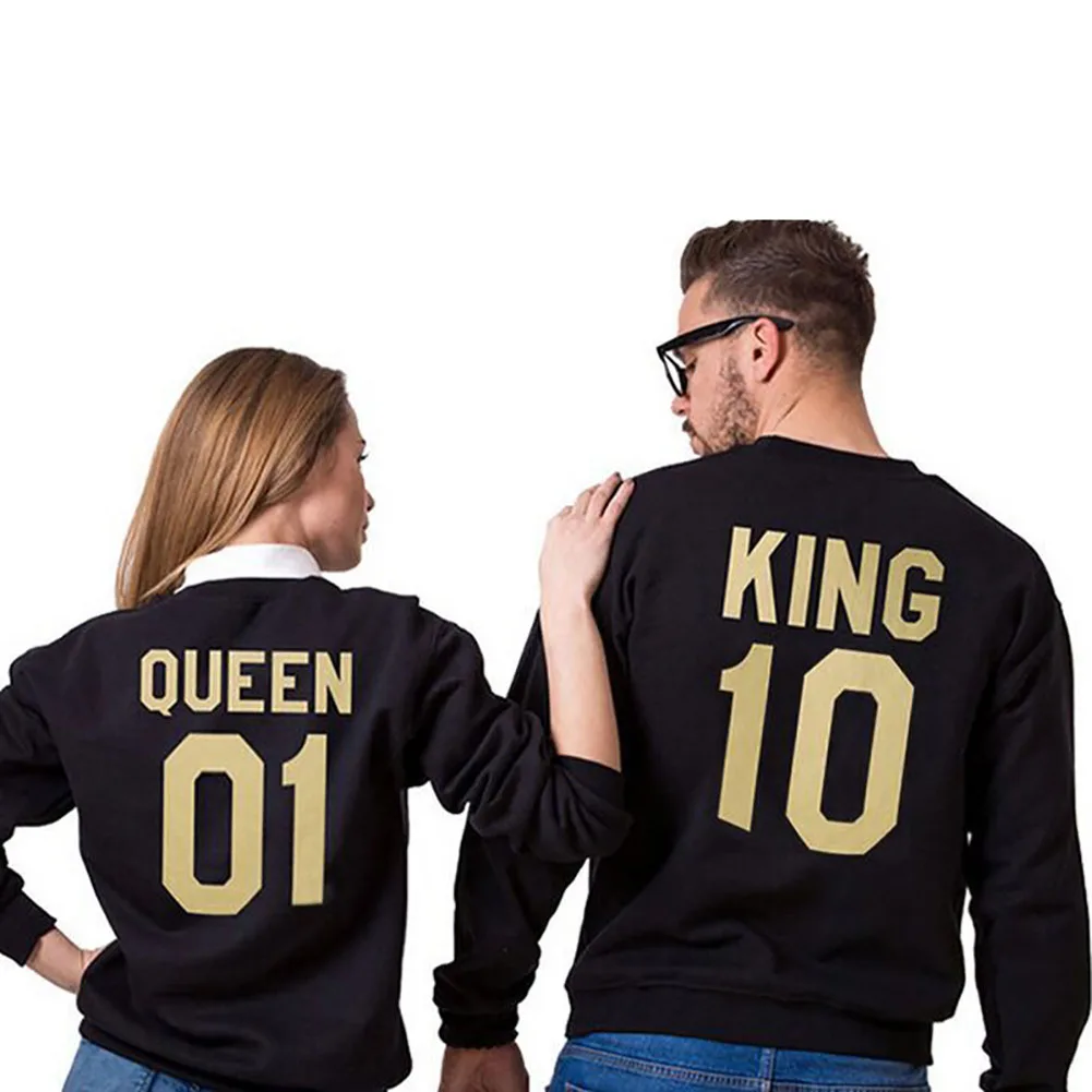 1 Pcs New Casual Hot Selling Popular Style Couple Golden English Letter King Queen Couple Sweatshirts Top For Lovers Polyester
