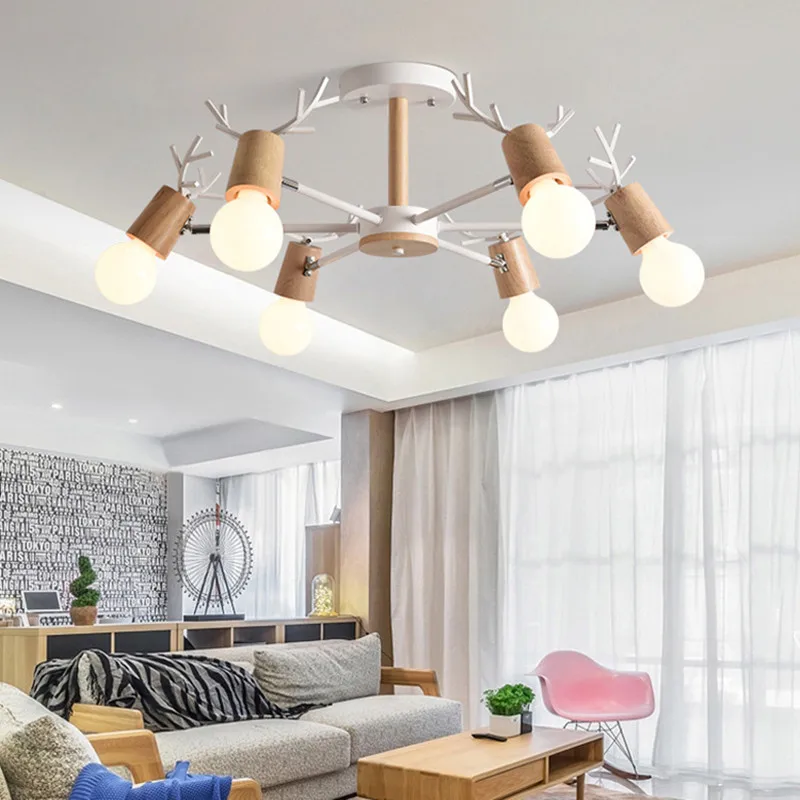 Contracted Macaron Chandelier Nordic Modern Solid Wood Deer Head Light Living Room Bedroom Creative Personality Hanging | Освещение