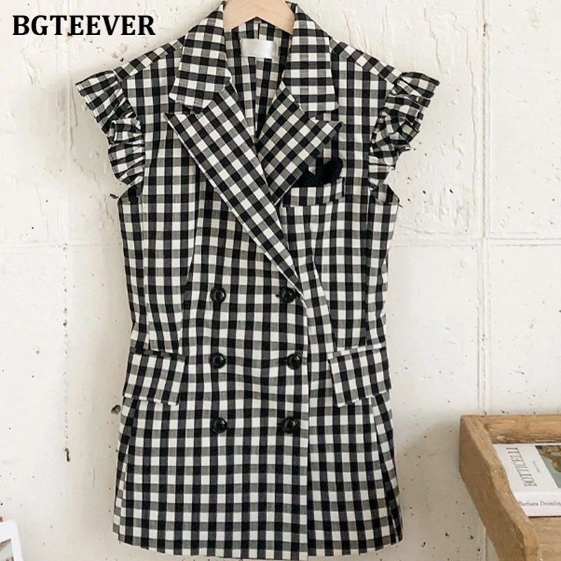 

BGTEEVER Chic Summer Sleeveless Women Plaid Blazer Jacket Double Breasted Patchwork Belted Sashes Female Suit Coats 2020