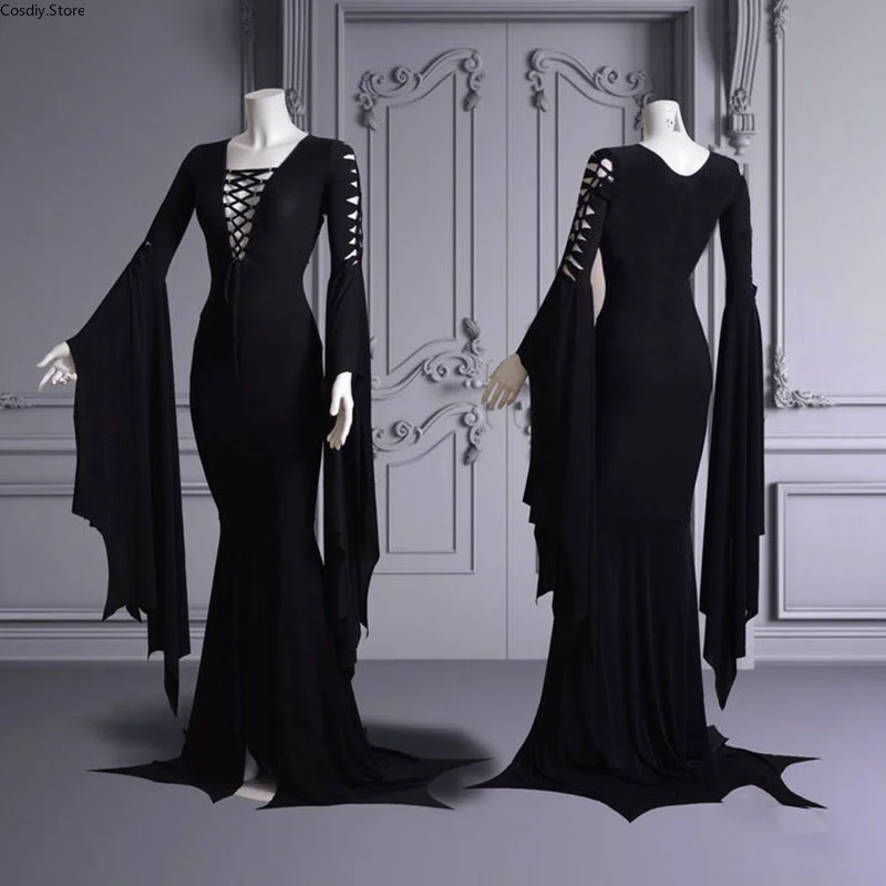 

S-5XL Sexy Witch Ghost Halloween Costume Morticia Gothic Dress Pixie Black Lace Up Gown Robe For Women