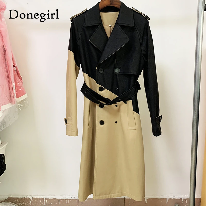 

New Fashion Autumn Casual Single-breasted Splicing Simple Classic Long Leather Trench Coat With Belt Chic Female Windbreaker