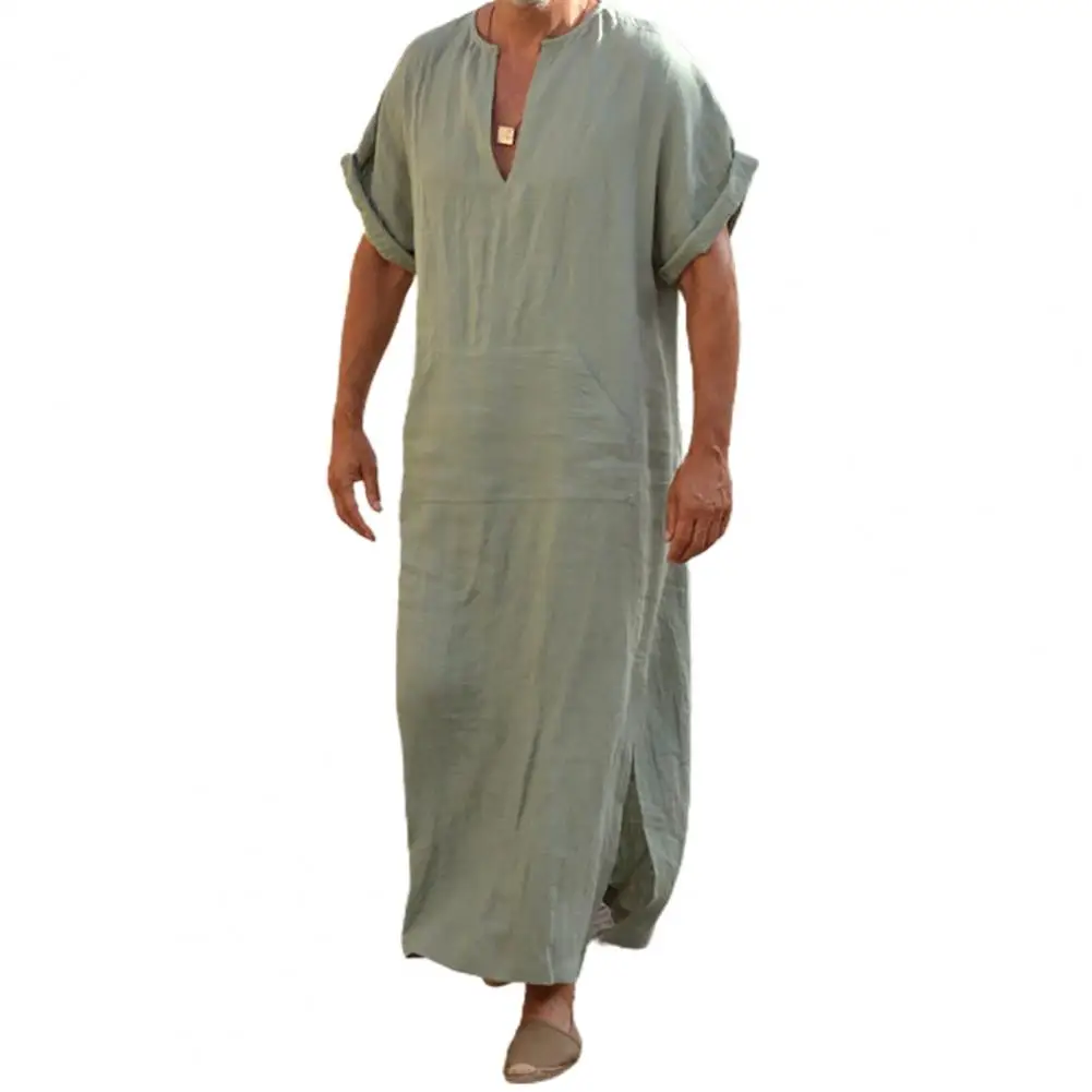 

Vintage Deep V-neck Ankle-Length Men Robe Short Sleeve Solid Color Side Split Loose Muslim Arabic Islamic Clothes