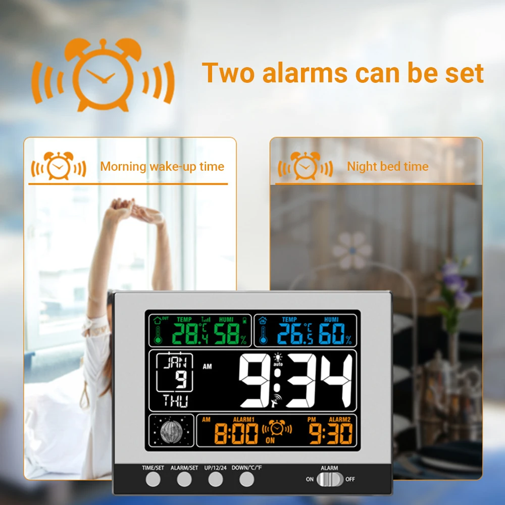 

Digital Clock Thermo-Hygrometer Thermometer Hygrometer RF Clock Large Color Display Backlight Temperature Humidity Indicator