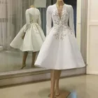 Винтажное кружевное атласное с аппликацией вечернее платье с длинными рукавами, платье до колен для выпускного вечера, сексуальное платье с V-образным вырезом