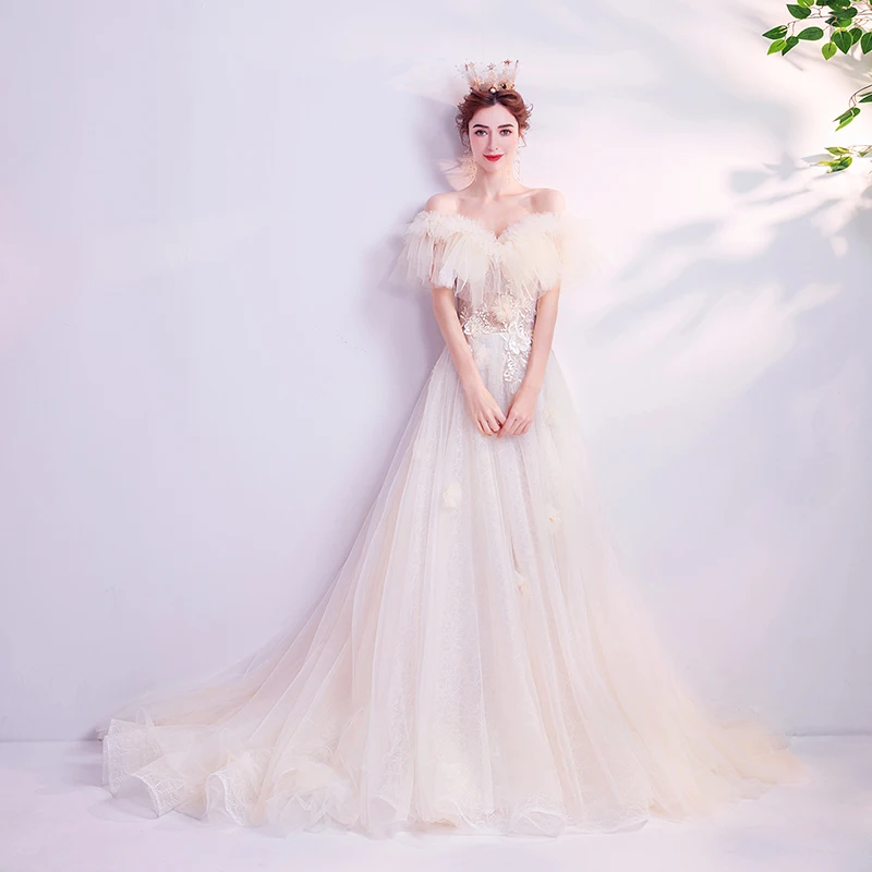 Sexy Off Shoulder Lace Up Court Train A-Line Wedding Dress 2020 Luxury Flowers Appliques Princess Bride Gown Robe De Mariage | Свадьбы и