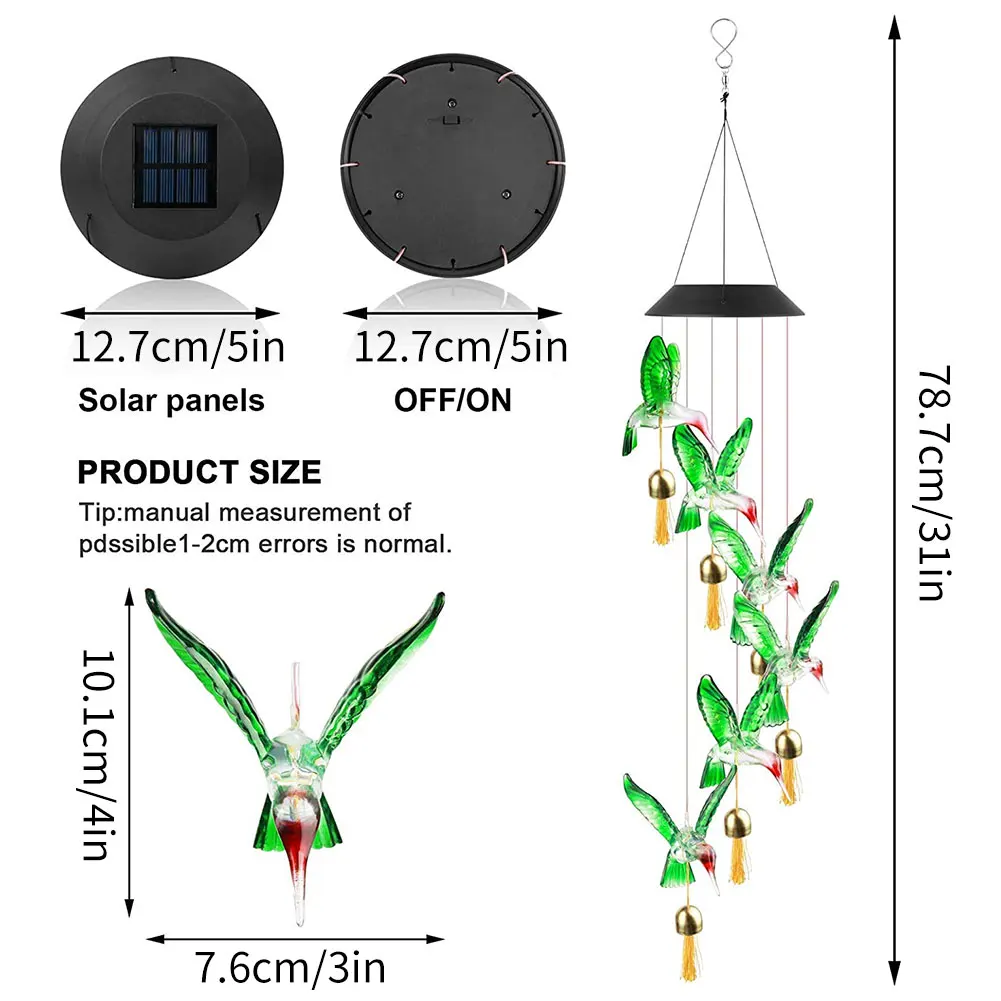 

LED Wind Chime Solar Power Color Changing Wind Chime Garden Hanging Bells Waterproof Decoration Hummingbird For Patio Yard Garde