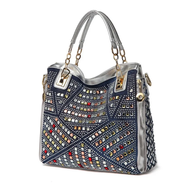 

Hiboom 2020 Fashion Denim Bags For Women 2020 New Colorful Rhinestones Handbags Zipper Large Capacity Leisure Lady Shoulder Bags
