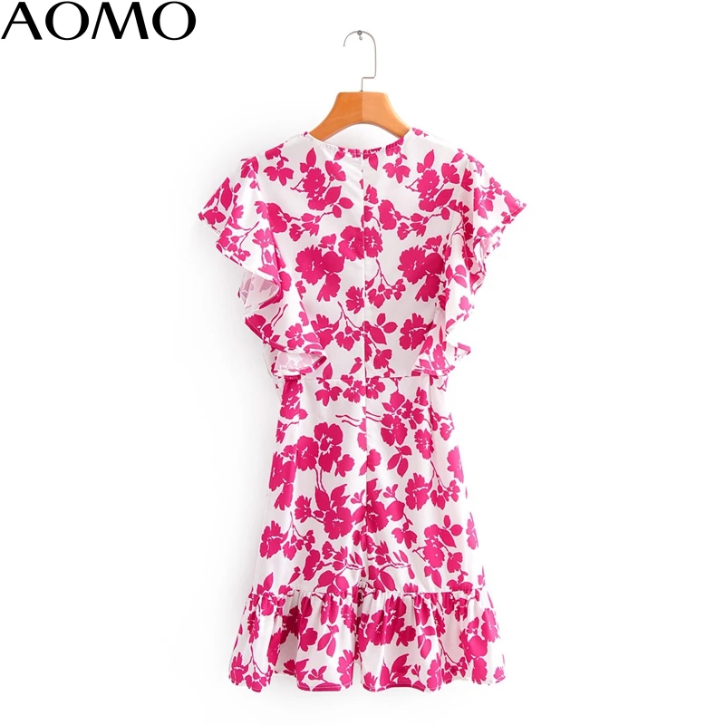 

AOMO fashion women floral print sundress dress ruffles short sleeve back V neck females mini dresses vestidos 1F109A