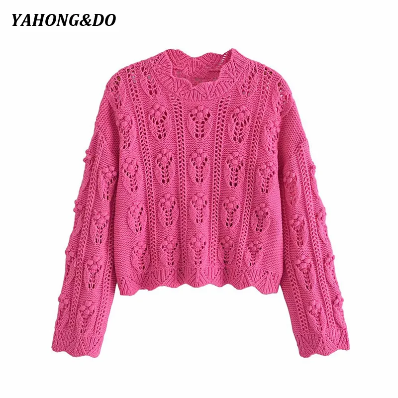 Женский пуловер с помпонами ZA вязаный укороченный свитер круглым вырезом и