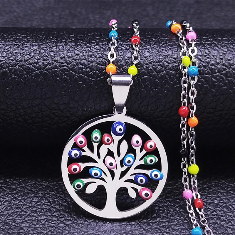 

Bohemian Turkey Eye Stainless Steel Tree of Life Necklace Silver Color Charm Necklaces jewlery sautoir femme bohème N5210S04