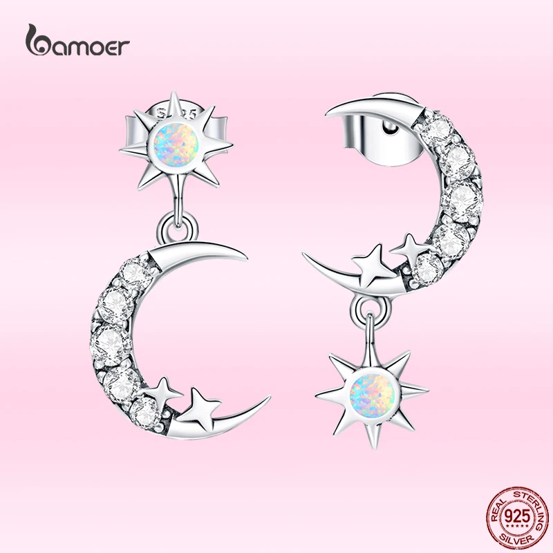

Bamoer New Fashion Moon & Star Ear Studs 925 Sterling Silver Shiny Zircon Earrings for Women Elegant Wedding Statement Jewelry