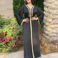 summer 2021 middle east womens dress hot drilling webbing solid color v neck temperament oversize casual long sleeve