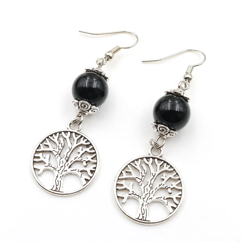 Сережки подвески с серебряным покрытием Древо жизни круглые бусины черного