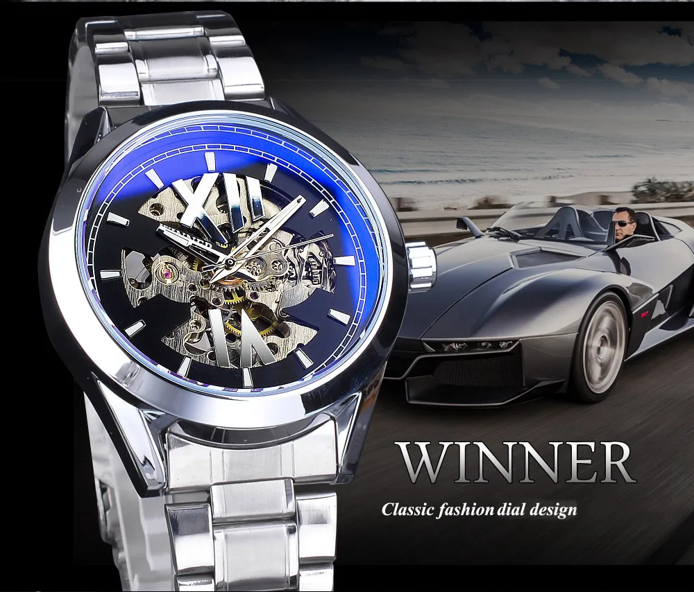 Winner Blue Light Glass Design Black Silver Automatic Watch Business Stainless Steel Band Waterproof Luminous Mechanical | Наручные часы