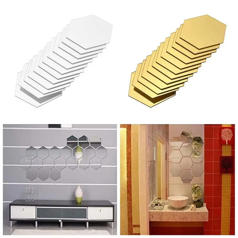 12 шт./компл. 3d шестигранные акриловые зеркальные настенные наклейки самодельные