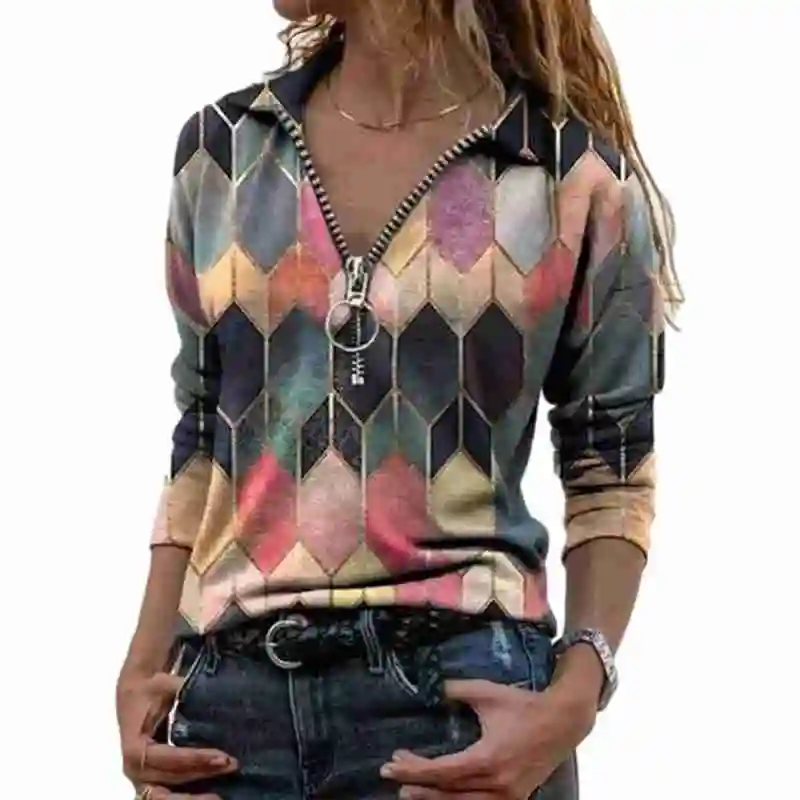 

Slim V-neck women's blouse printed zipper T-shirt Lapel long-sleeved T-shirt women 2021 new