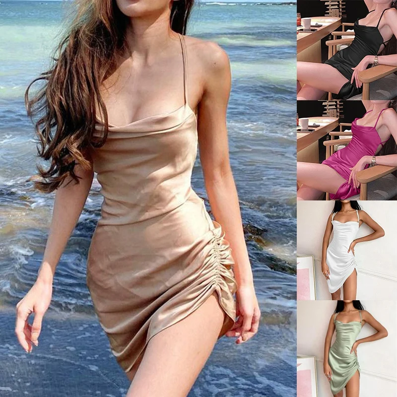 

Satin Bodycon Backless Dress Women Solid Spaghetti Strap Dress Women Casual Hollow Out Skinny Evening Dress
