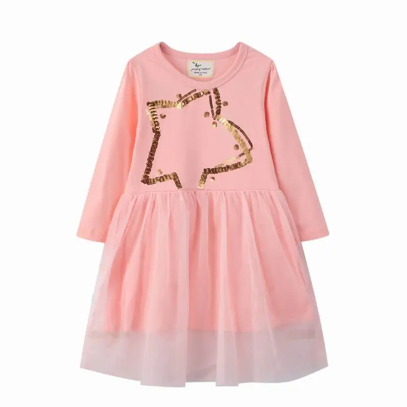 

Jumping Meters Autumn Winter Dress Long Sleeve Girls Sequined Stars Clothes Round neck Children Casual Pink Dresses 2-7years