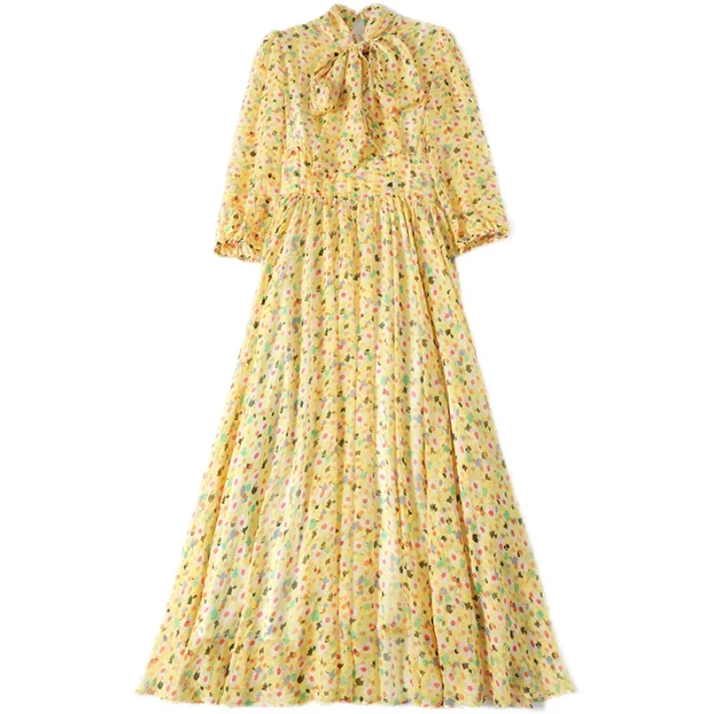 

New 2021 Spring Autumn 3/4 Sleeve Chiffon Dress Elegant Slim Print Bow Casual Women Dress Plus Size Long Dress Vestidos