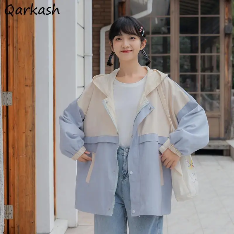 

Basic Jackets Women Patchwork Sweet Korean Style Girls Hooded College Stylish Students Coats Lazy Oversize Chic Spring Female