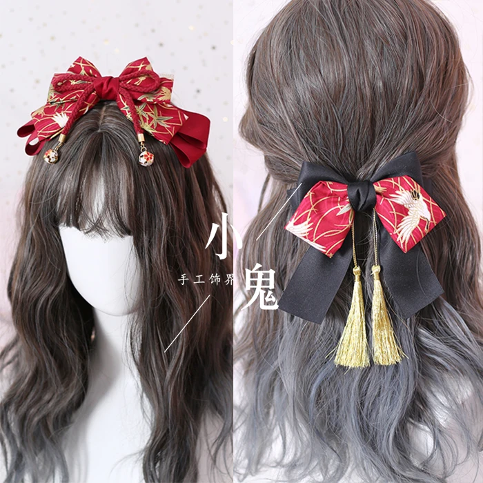 

Japanese-style And Wind Hand Made Tassels Black RED Bow Hair Bands KCLolita Barrettes Hair Bands Headband Side Clip