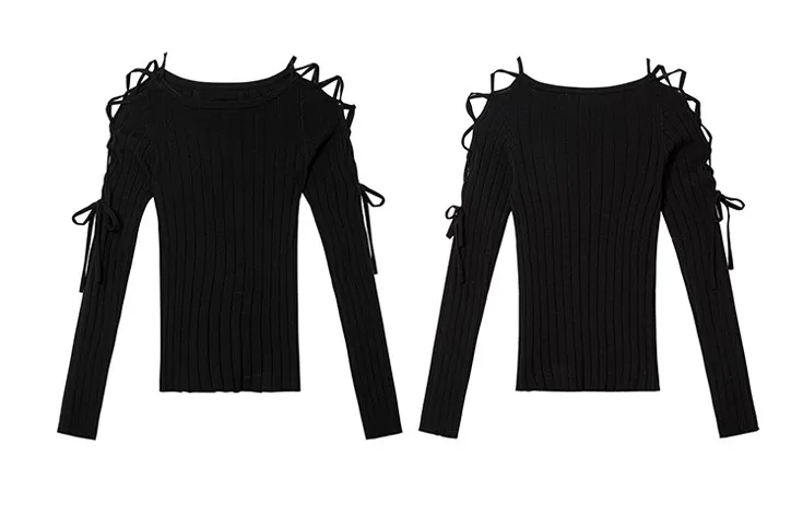 

Western off-the-Shoulder Lace-up off-Neck Sweater for Women 2020 New Korean Style Hollow-out Pullover Knitted Bottoming