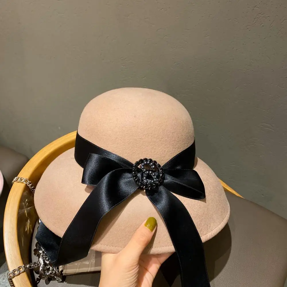 

202009-shi wool Hepburn style grace bowknot ribbon formal dinner lady bucket cap women fishermen hat