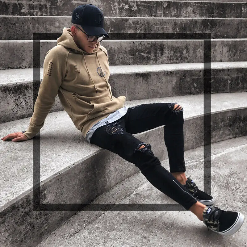 

Mens Stretchy Ripped Hole Skinny Denim Pants Slim Casual Zipper Pants