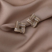 origin summer temperament hollow square geometric drop earring for women imitation pearl cubic zircon gold metal earring jewelry