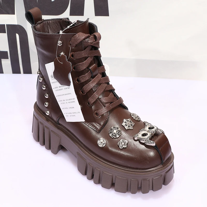 

Womens Round Toe Rivet Rhinestones Owl Ankle Boots Genuine Leather Lace Up Shoes Platform Chunky Heel Punk Motorcycle 2021