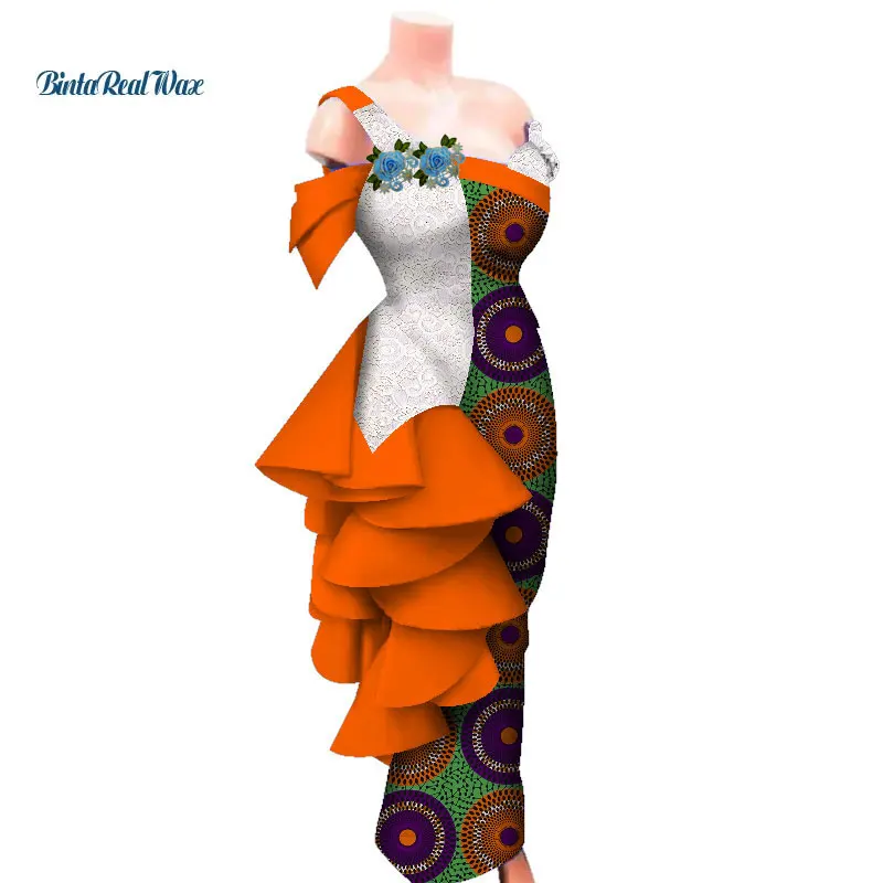 

Африканские платья для женщин, кружевные платья с аппликацией, базин, длинные драпированные платья, одежда в африканском стиле WY3709