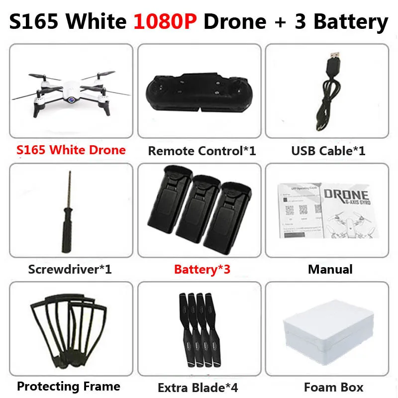 S165 1080P White 3B S165 Профессиональный WiFi FPV Дрон с двойной камерой 4K антенна видео широкоугольный оптический поток RC Квадрокоптер Вертолет игрушка E58 SG106 - Цвет: S165 1080P White 3B