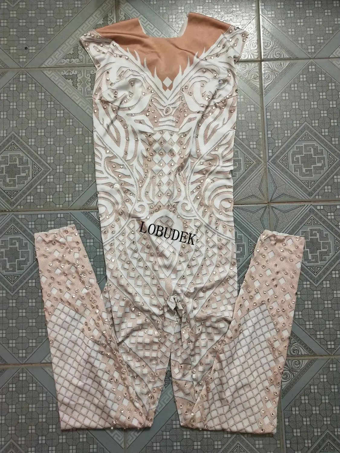 

Stretch Women Tights Sleeveless Skinny Rhinestones Jumpsuit White Mesh Skirt Birthday Party Nightclub Singer Dancer Sexy Costume