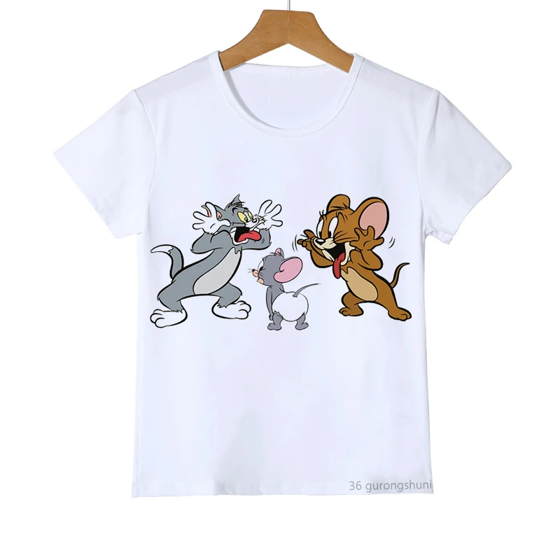 

Funny Cat And Mouse Animal Print T Shirt Kids Harajuku Kawaii Kids Clothes White Short Sleeve Kids Tshirt Girls/boys Streetwear