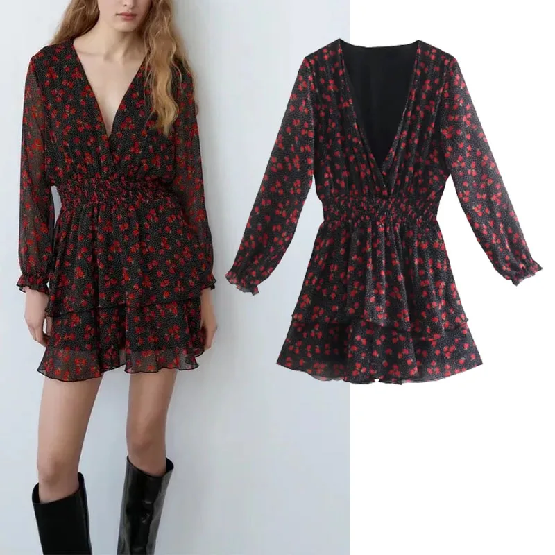 

Women Dress Za 2021 New Fashion Flower print Mini Dress Vintage Long Sleeve V-neck Elastic Waist Female Dresses Vestidos Mujer