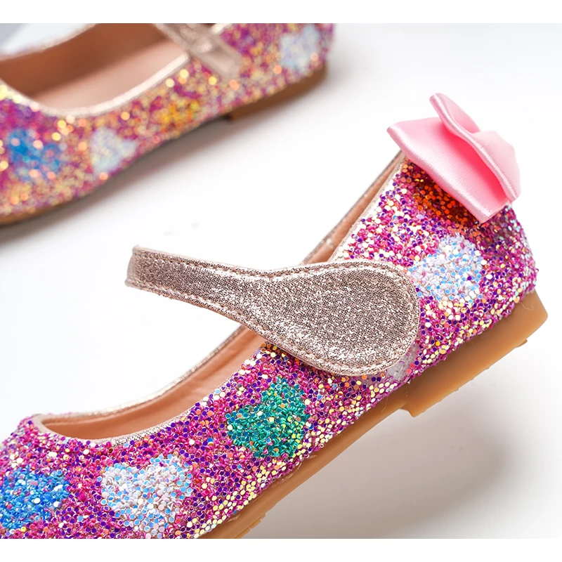 

Girls Bow Heart Rhinestones Princess PU Shoes Rainbow Color For Kids Children Performance Show Party Gift