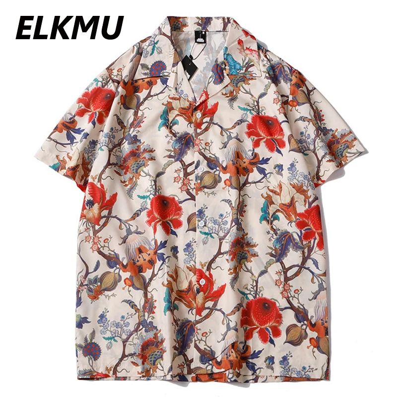 

Мужская пляжная рубашка ELKMU, в стиле хип-хоп, летняя, с коротким рукавом, с гавайским принтом, в стиле Харадзюку, HM557
