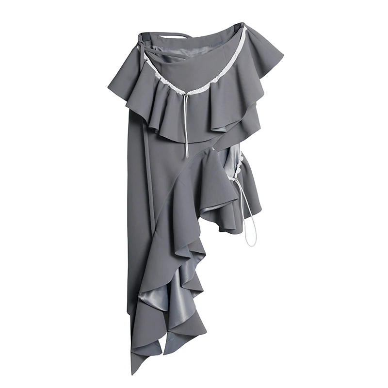 

DEAT High Waist Gray Asymmetric Ruffles Hollow Out Bandage Half-body Skirt Women Fashion Tide New Summer autumn 2021 GX592