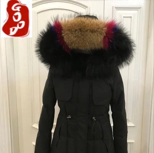 

Зимний пуховик, женское длинное пальто, женская теплая парка, одежда, пальто с капюшоном из 2021 натурального меха енота, женская зимняя одежд...