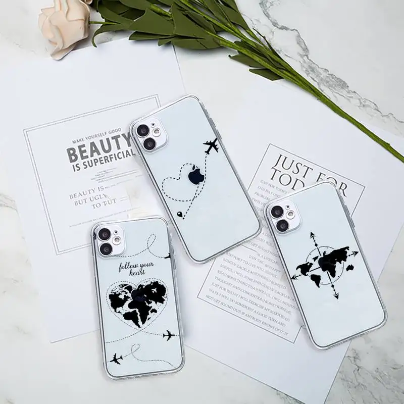 

World Map Travel Phone Case Transparent for Clear iPhone 11 12 8 7 6 6S Plus X 5S SE 2020 XR mini pro XS MAX