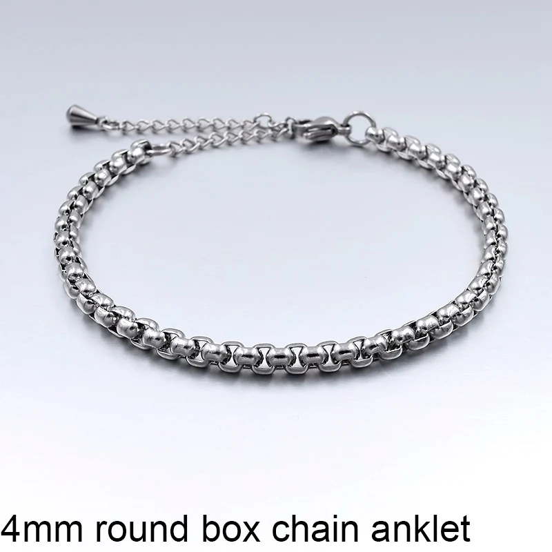 4mm Round Box chain Ювелирные изделия летние пляжные браслеты на ногу лодыжки браслеты для женщин ножная цепочка простые мужские ножные браслеты из нержавеющей стали серебристого цвета - Окраска металла: 4mm Round Box chain