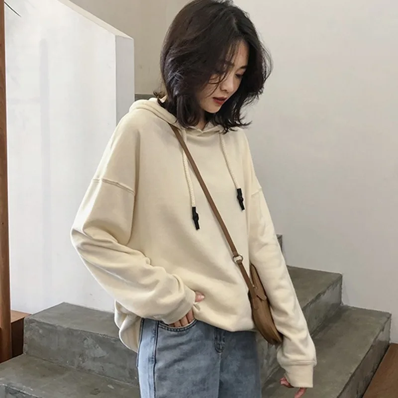

Женские свободные толстовки 2020, весенние однотонные корейские повседневные хлопковые пуловеры с капюшоном и длинным рукавом
