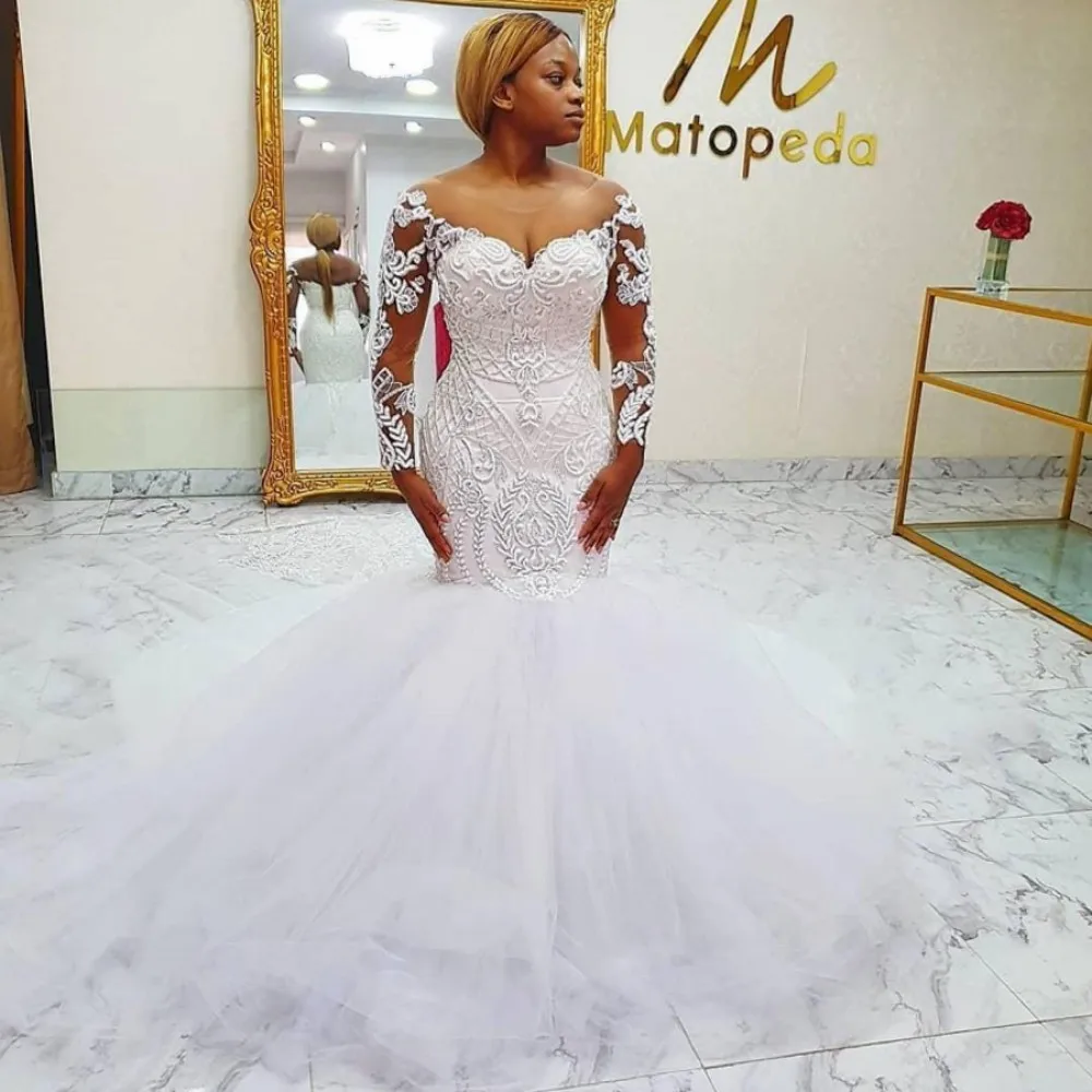 

Lace Mermaid Wedding Dresses Major Beaded vestidos Long Sleeves Sheer Neck Bridal Dress Sheer Long Sleeves Plus Size Wedding Gow