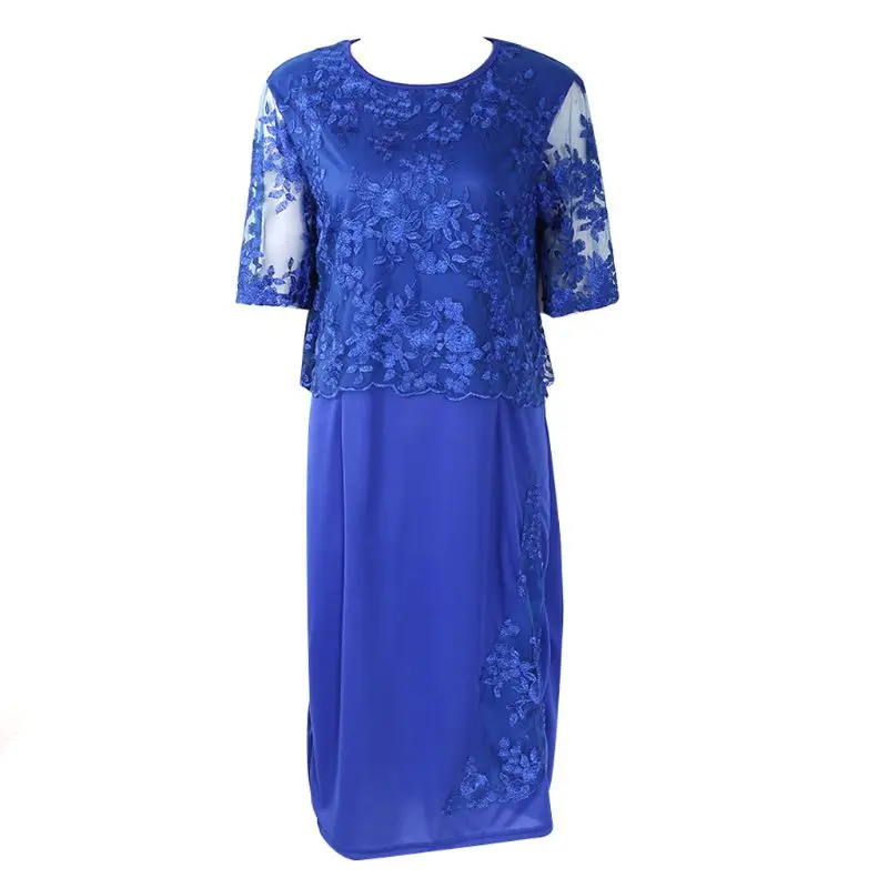 

Womens Plus Size Fake Two Pieces Mother A-Line Dress Half Sleeves Solid Color Lace Patchwork Wedding Party Banquet Dress BX0A