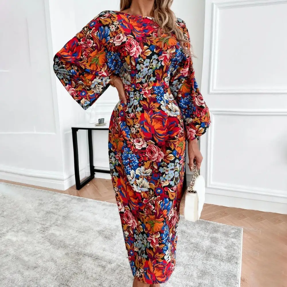 

Женское платье-миди с длинным рукавом и цветочным принтом, до середины икры