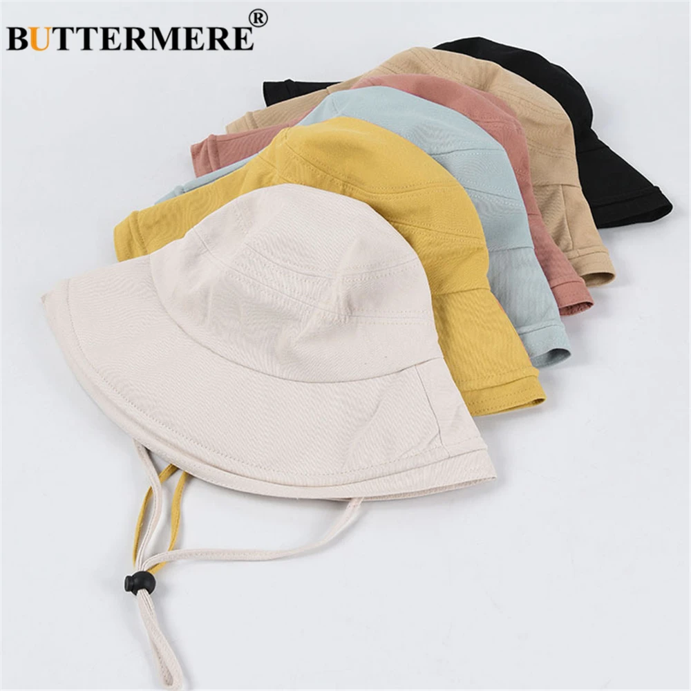 BUTTERMERE Sun Hat Women Yellow Floppy Cap Ladies Wide Brim Beach Summer Bucket Hats Cotton Solid Foldable Chapeau