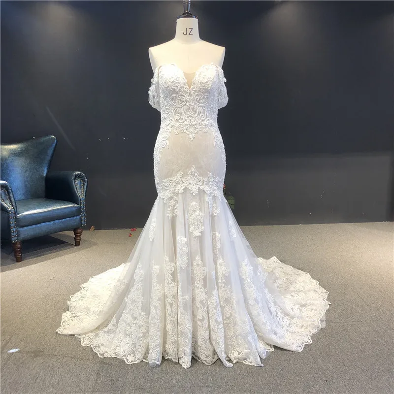

Newest High Quality Customized Light Champagne Strapless Cap Sleeve Heavy Beadings Mermaid Floor Length with Train Wedding Dress