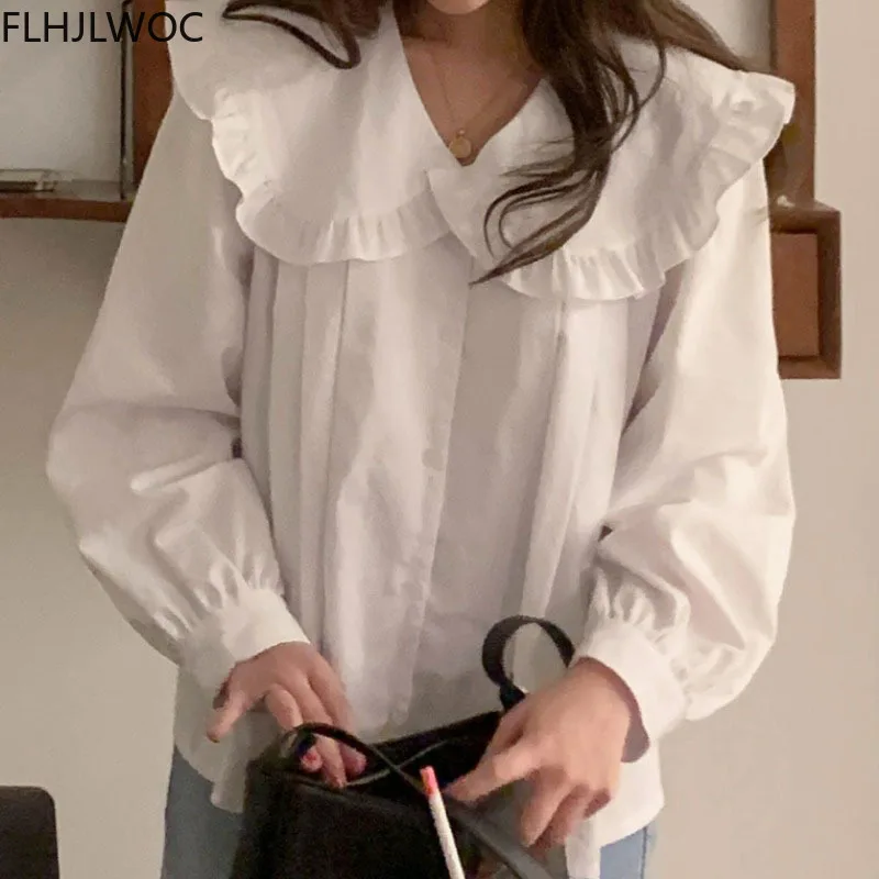 Женская однобортная блузка на пуговицах, модная однотонная белая блузка с длинным рукавом, в Корейском стиле, весна-осень 2021